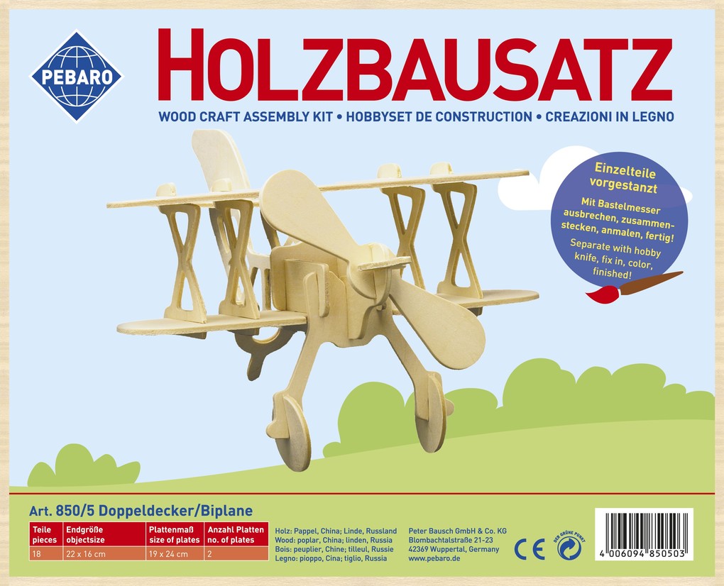PEBARO 850/5 - Holzbausatz Doppeldecker 18 Teile Holzkonstruktion zum Zusammenstecken