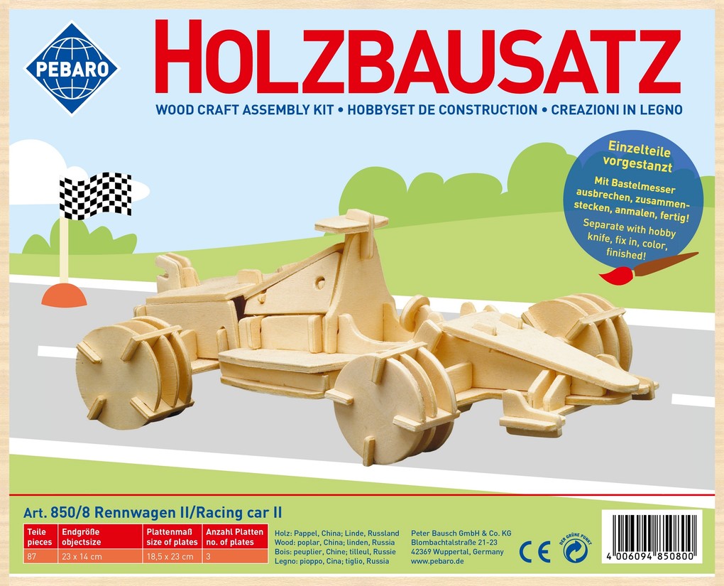 PEBARO 850/8 - Holzbausatz Rennwagen II 87 Teile Holzkonstruktion zum Zusammenstecken