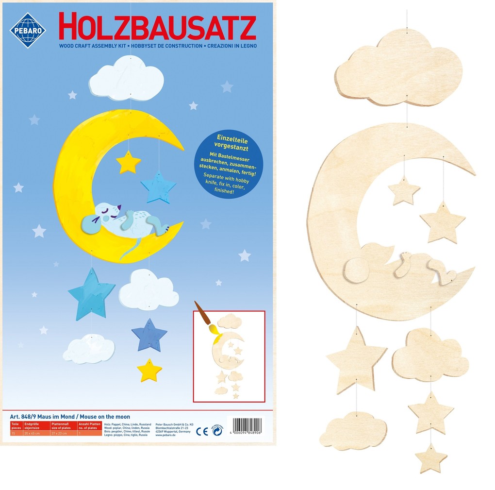PEBARO 848/9 - Holzbausatz Mobile Maus im Mond 15 Teile Holzkonstruktion zum Zusammenstecken