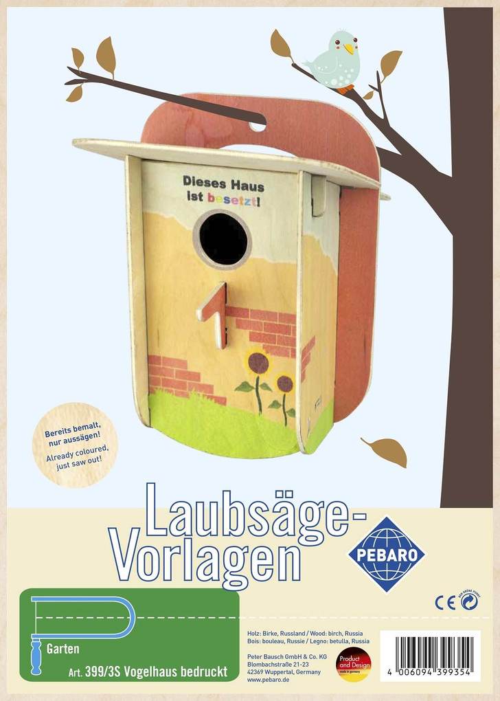 PEBARO 399/3S - Laubsägevorlage Vogelhaus bunt bedruckt 4 Platten DIN A4