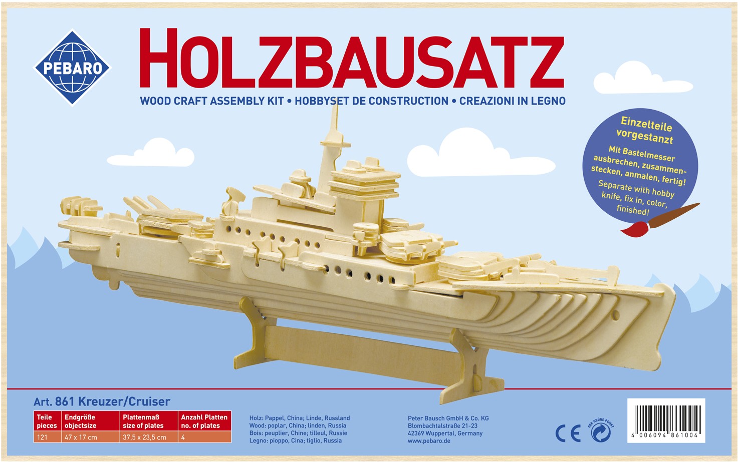 PEBARO 861 - Holzbausatz Kreuzer 121 Teile Holzkonstruktion zum Zusammenstecken