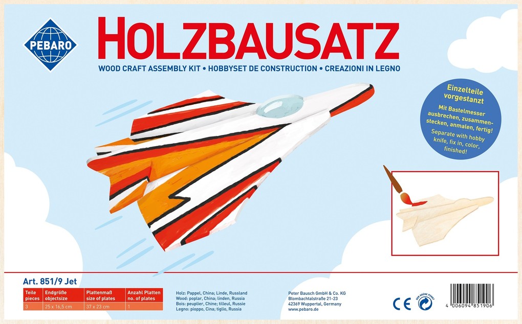 PEBARO 851/9 - Holzbausatz Jet 3 Teile Holzkunstruktion zum Zusammenstecken