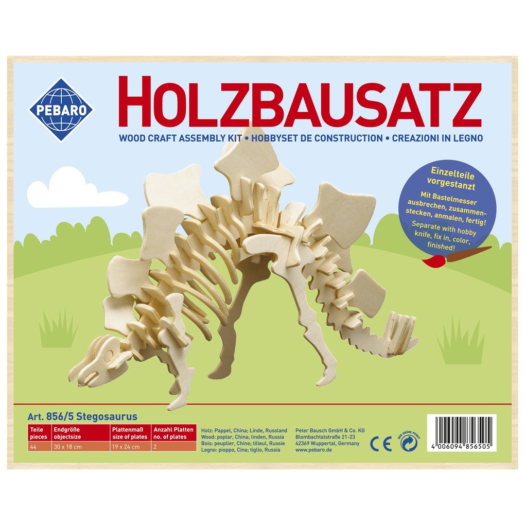 PEBARO 856/5 - Holzbausatz Dinosaurier Stegosaurus 44 Teile Holzkonstruktion zum Zusammenstecken