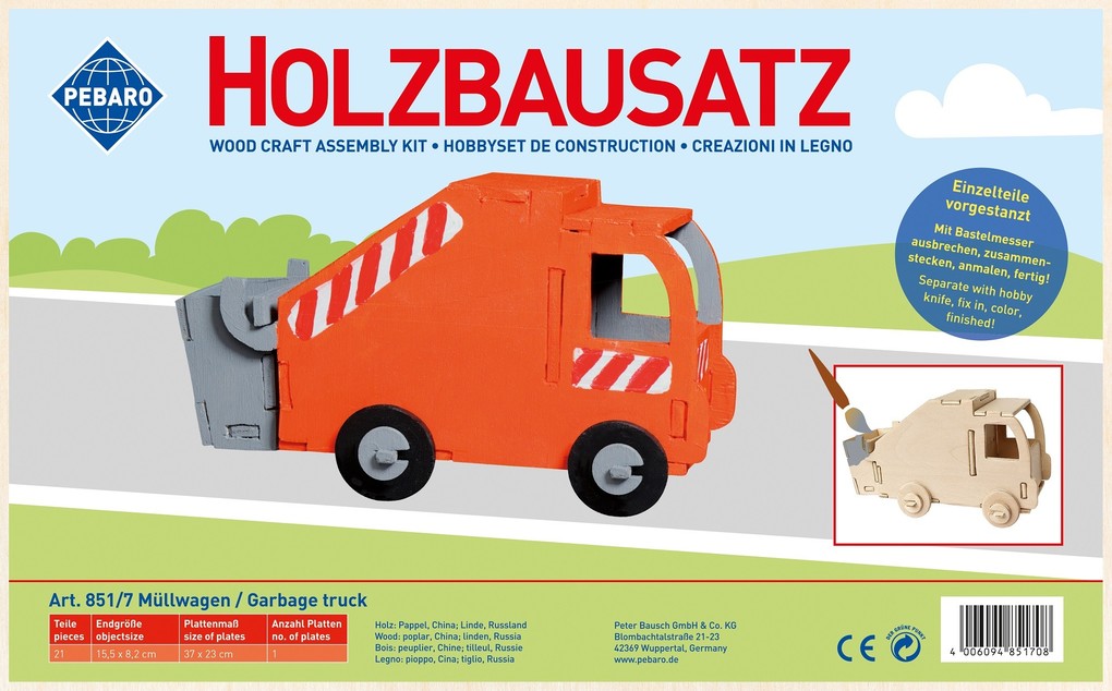 PEBARO 851/7 - Holzbausatz Müllwagen 21 Teile Holzkonstruktion zum Zusammenstecken