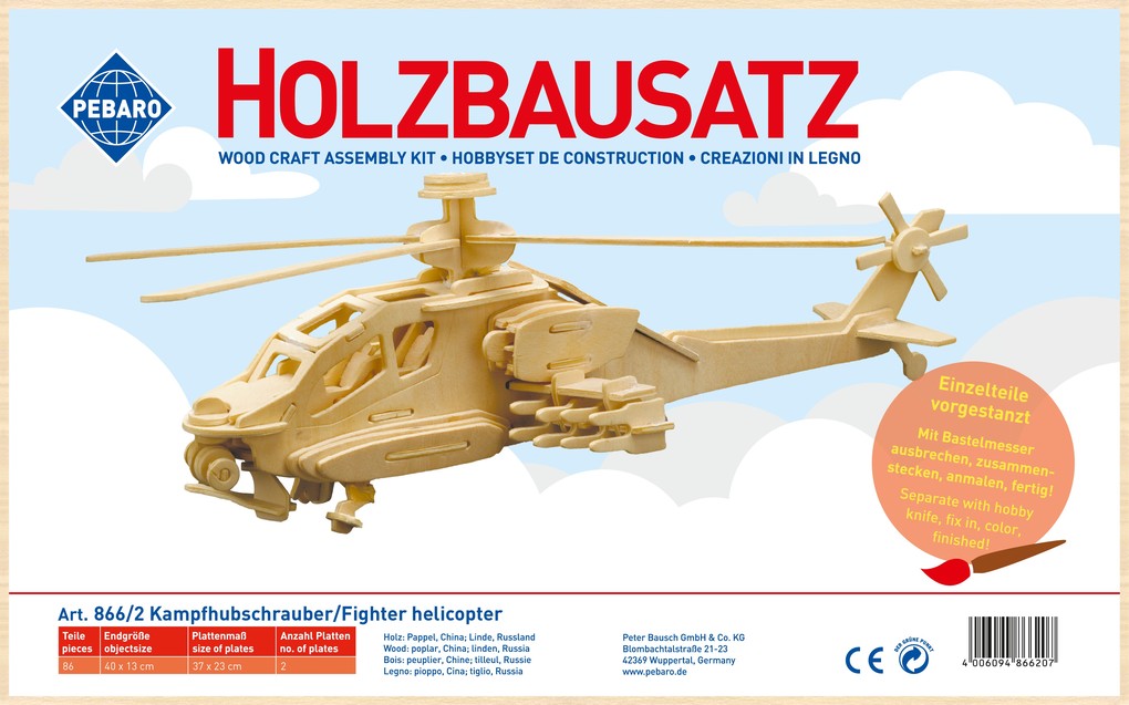 PEBARO 866/2 - Holzbausatz Kampfhubschrauber 86 Teile Holzkonstruktion zum Zusammenstecken