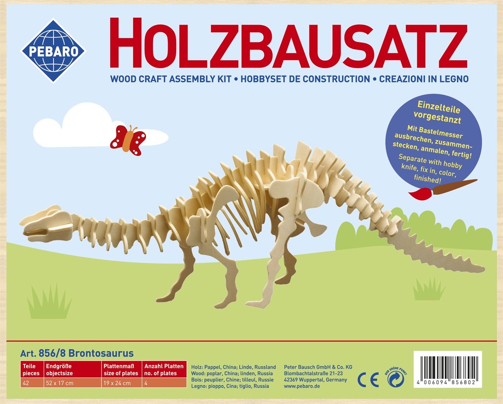PEBARO 856/8 - Holzbausatz Dinosaurier Brontosaurus 42 Teile Holzkonstruktion zum Zusammenstecken
