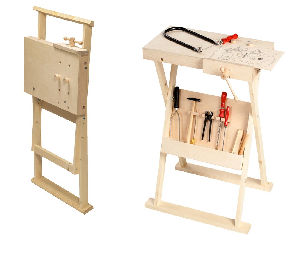 PEBARO 487 - Klappbare Werkbank aus Holz für Kinder höhenverstellbar bis 74 cm Platte 30x75 cm