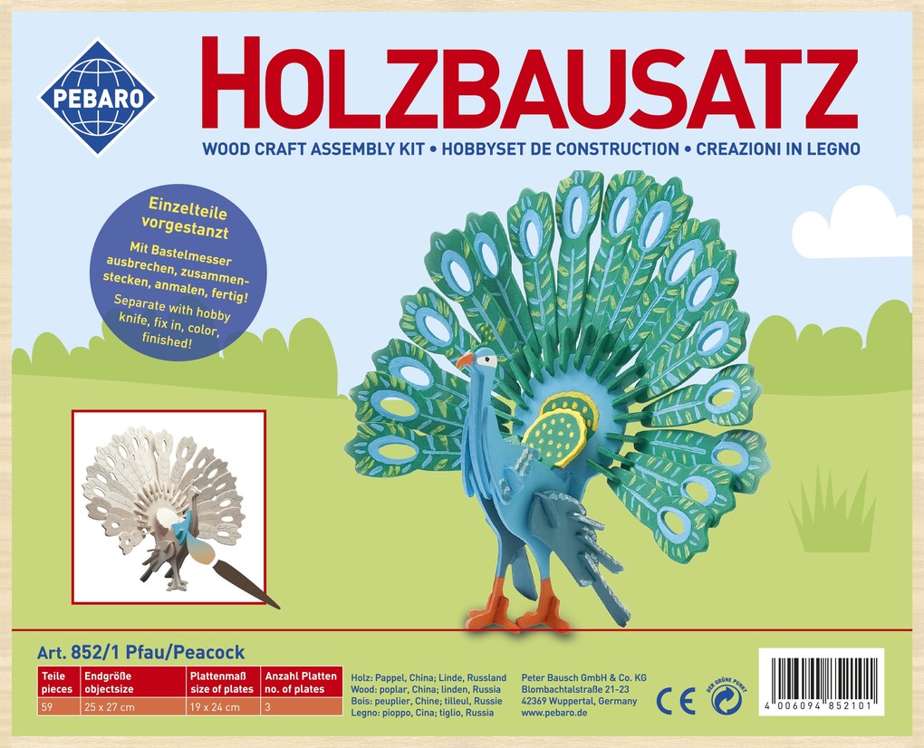 PEBARO 852/1 - Holzbausatz Pfau 59 Teile Holzkonstruktion zum Zusammenstecken
