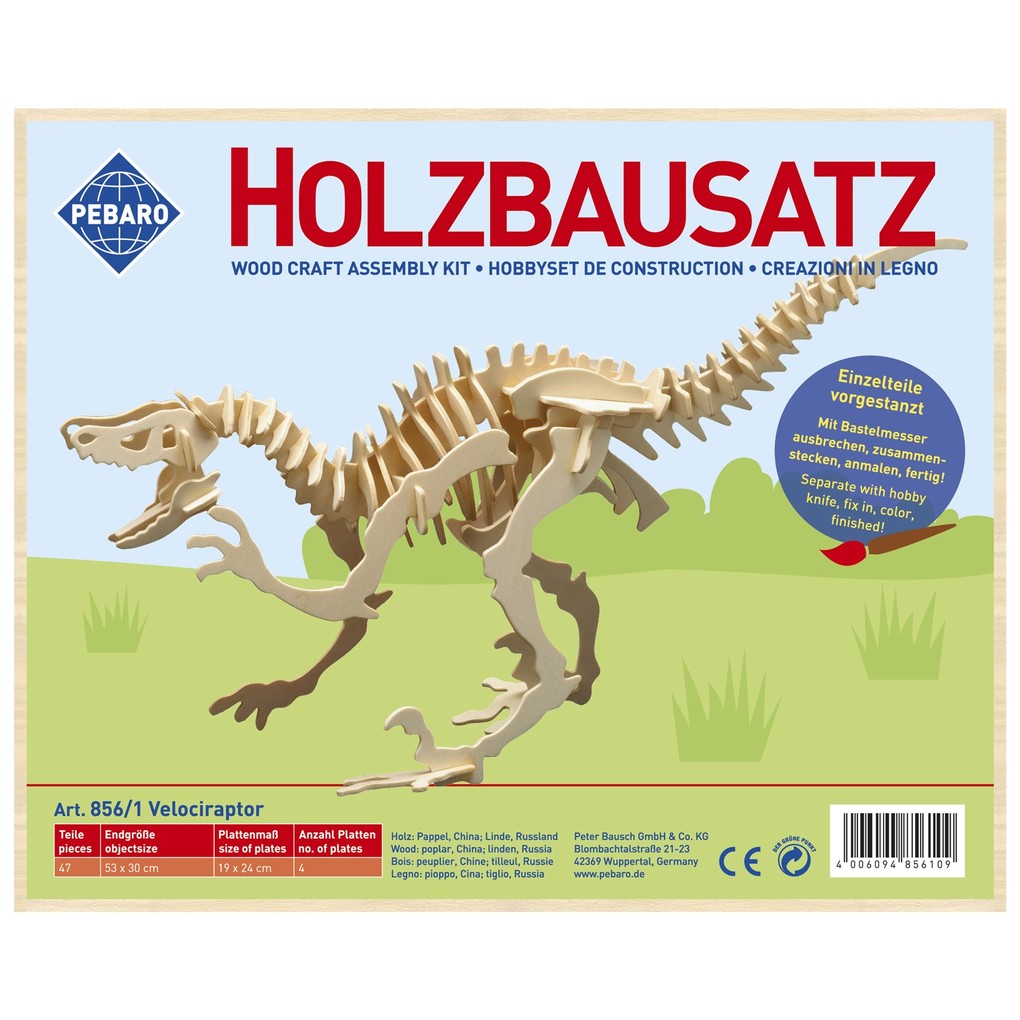 PEBARO 856/1 - Holzbausatz Dinosaurier Velociraptor 47 Teile Holzkonstruktion zum Zusammenstecken