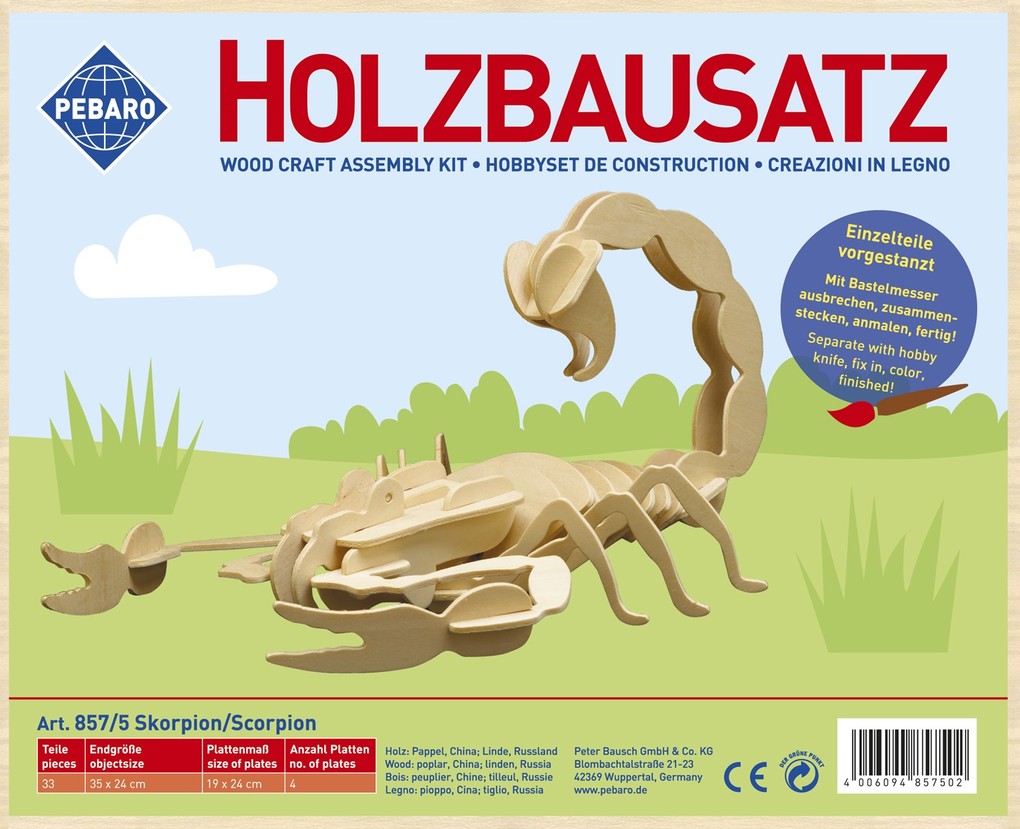 PEBARO 857/5 - Holzbausatz Skorpion 33 Teile Holzkonstruktion zum Zusammenstecken