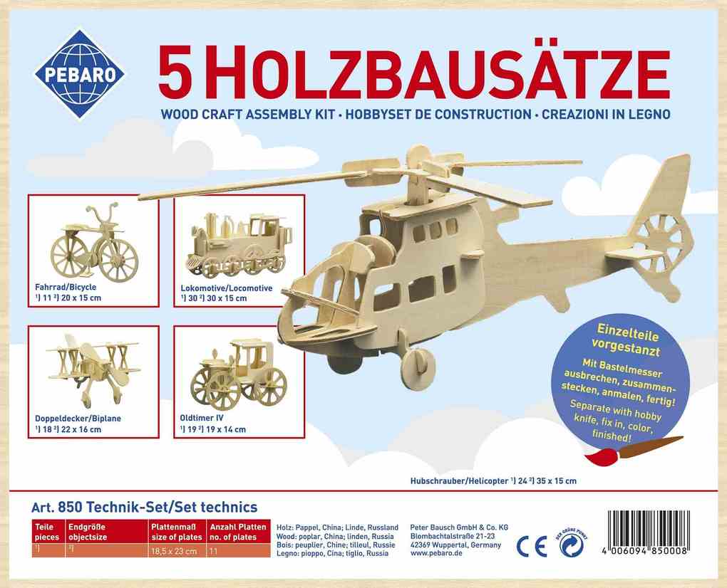 PEBARO 850 - Holzbausätze 5x Technik-Set (Lokomotive Fahrrad Hubschrauber Oldtimer Doppeldecker) 5 Holzkonstruktionen zum Zusammenstecken