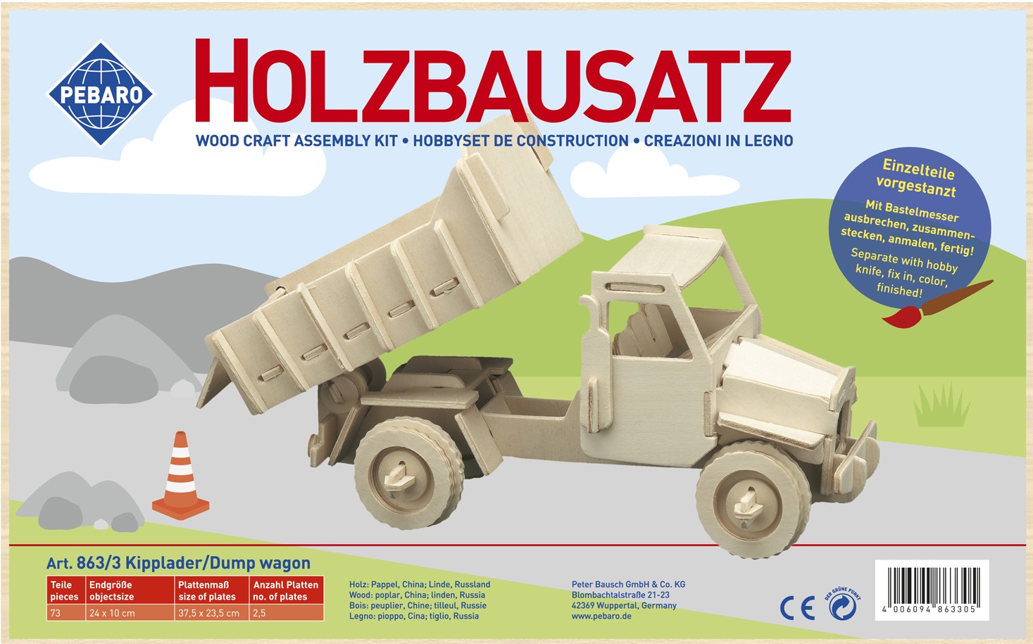 PEBARO 863/3 - Holzbausatz Kipplader 73 Teile Holzkonstruktion zum Zusammenstecken