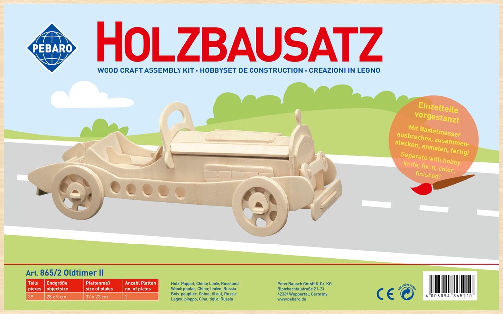PEBARO 865/2 - Holzbausatz Oldtimer II 39 Teile Holzkonstruktion zum Zusammenstecken