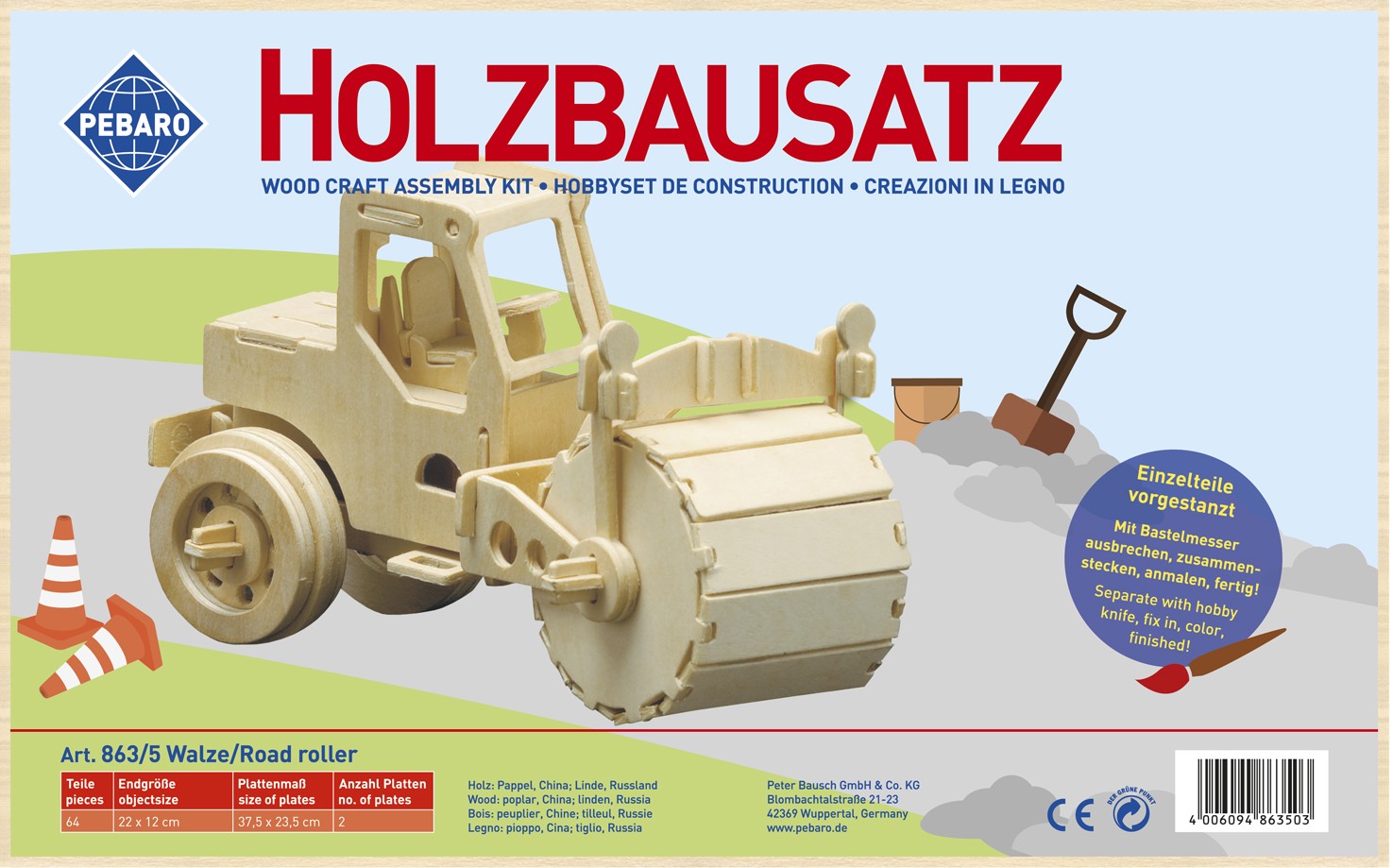 PEBARO 863/5 - Holzbausatz Walze 64 Teile Holzkonstruktion zum Zusammenstecken