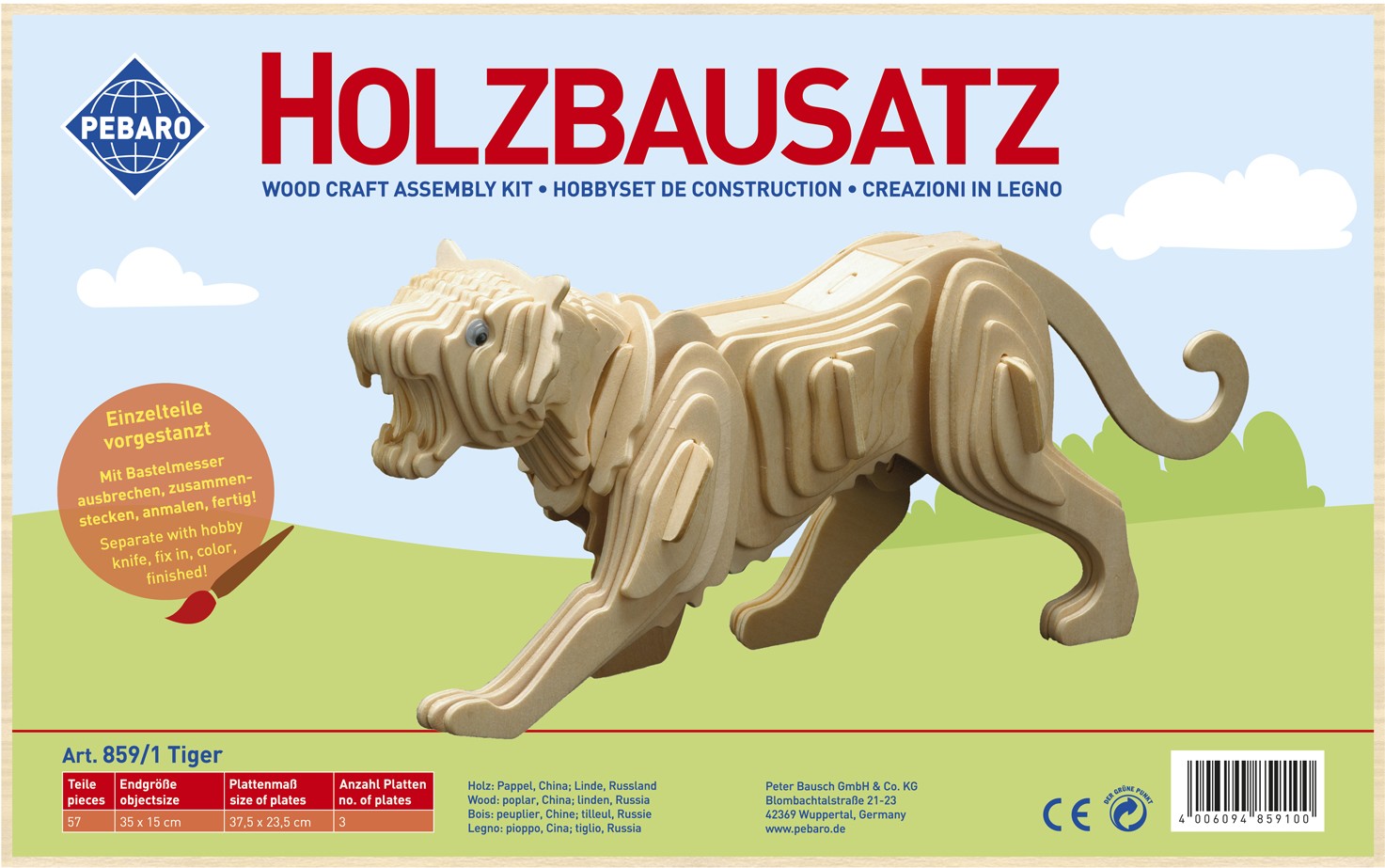 PEBARO 859/1 - Holzbausatz Tiger 57 Teile Holzkonstruktion zum Zusammenstecken