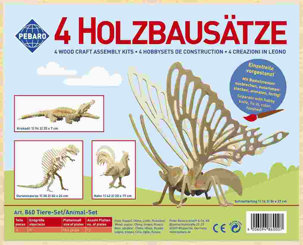 PEBARO 860 - Holzbausatz Tier-Set Hahn Ouranosaurus Krokodil Schmetterling 4 Holzkonstruktionen zum Zusammenstecken