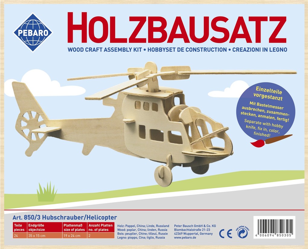 PEBARO 850/3 - Holzbausatz Hubschrauber 24 Teile Holzkonstruktion zum Zusammenstecken