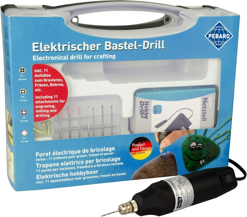 PEBARO 0508EKR - Elektrischer Bastel-Drill zum Gravieren Fräsen Bohren Bastelset Klein-Bohrmaschine