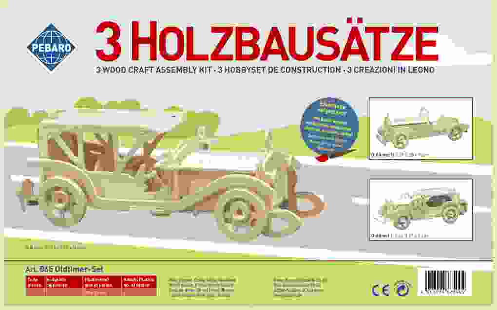 PEBARO 865 - Holzbausatz Oldtimer-Set Oldtimer I Oldtimer II Oldtimer III 3 Holzkonstruktionen zum Zusammenstecken