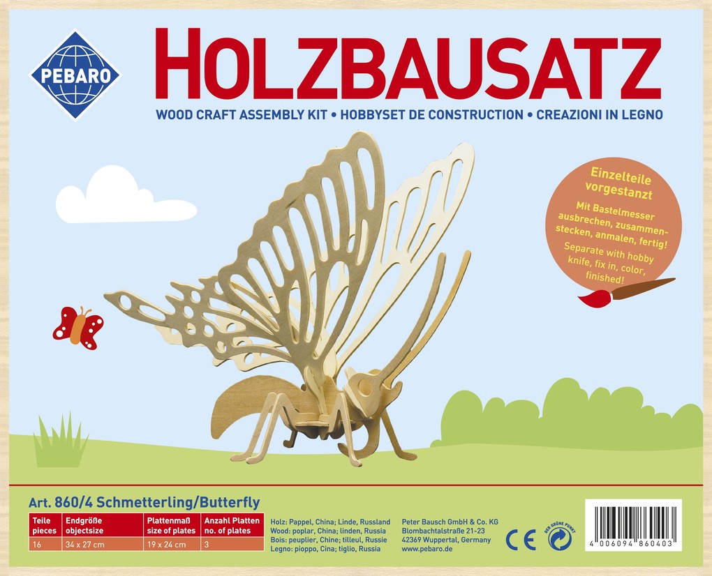 PEBARO 860/4 - Holzbausatz Schmetterling 16 Teile Holzkonstruktion zum Zusammenstecken