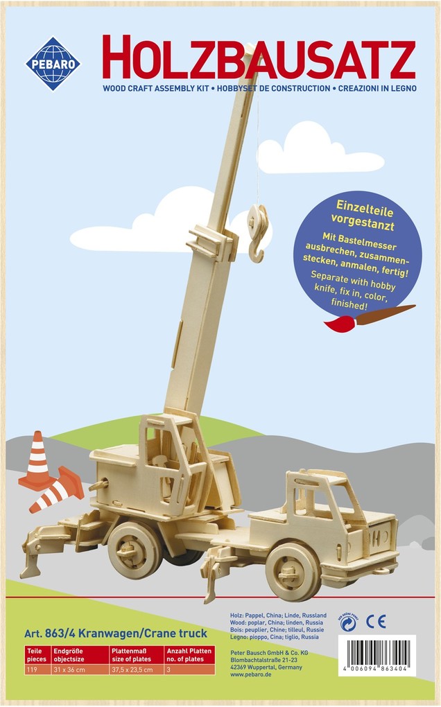 PEBARO 863/4 - Holzbausatz Kranwagen 119 Teile Holzkonstruktion zum Zusammenstecken