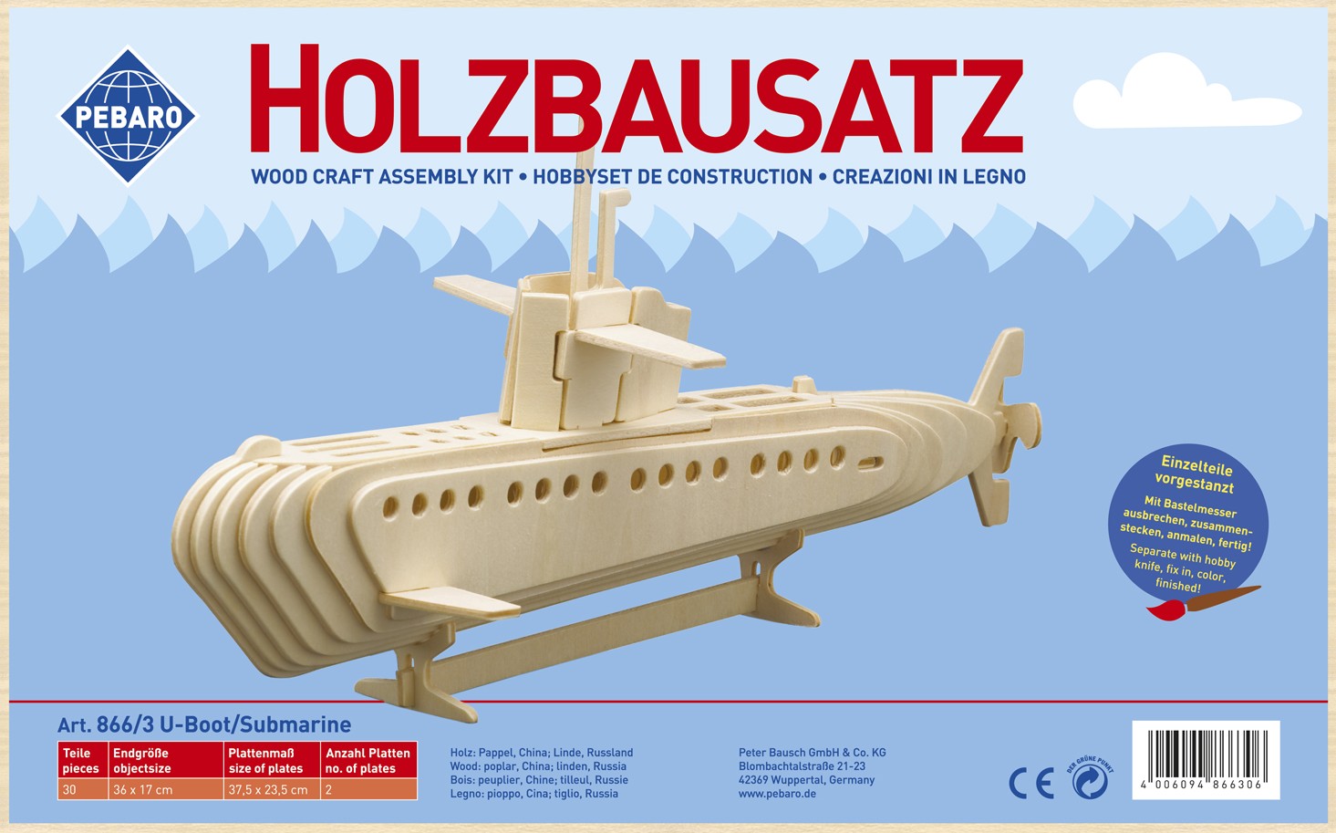 PEBARO 866/3 - Holzbausatz U-Boot 30 Teile Holzkonstruktion zum Zusammenstecken