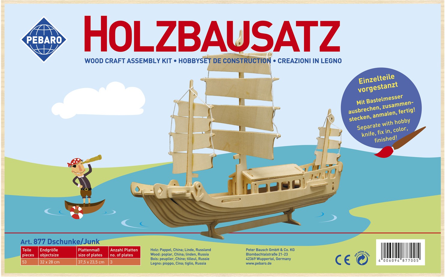 PEBARO 877 - Holzbausatz Dschunke 53 Teile Holzkonstruktion zum Zusammenstecken