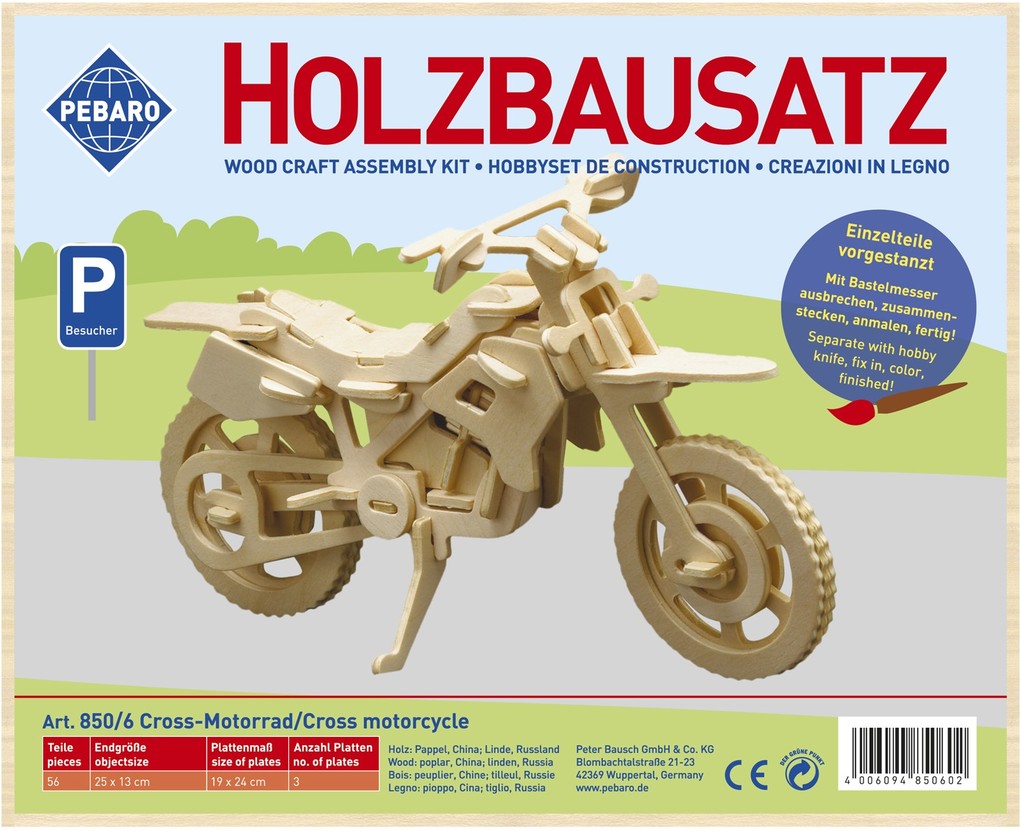 PEBARO 850/6 - Holzbausatz Cross-Motorrad 56 Teile Holzkonstruktion zum Zusammenstecken