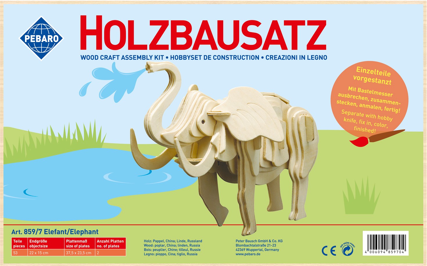 PEBARO 859/7 - Holzbausatz Elefant 53 Teile Holzkonstruktion zum Zusammenstecken