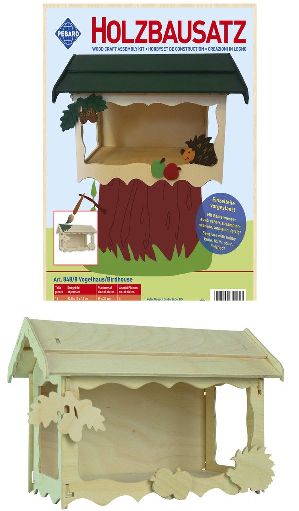 PEBARO 848/8 - Holzbausatz Vogelhaus 16 Teile Holzkonstruktion zum Zusammenstecken