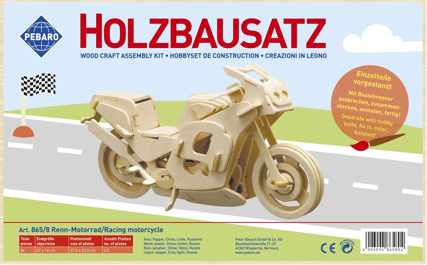 PEBARO 865/8 - Holzbausatz Renn-Motorrad 86 Teile Holzkonstruktion zum Zusammenstecken