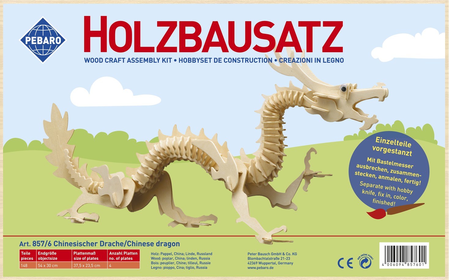 PEBARO 857/6 - Holzbausatz Chinesischer Drache 148 Teile Holzkonstruktion zum Zusammenstecken