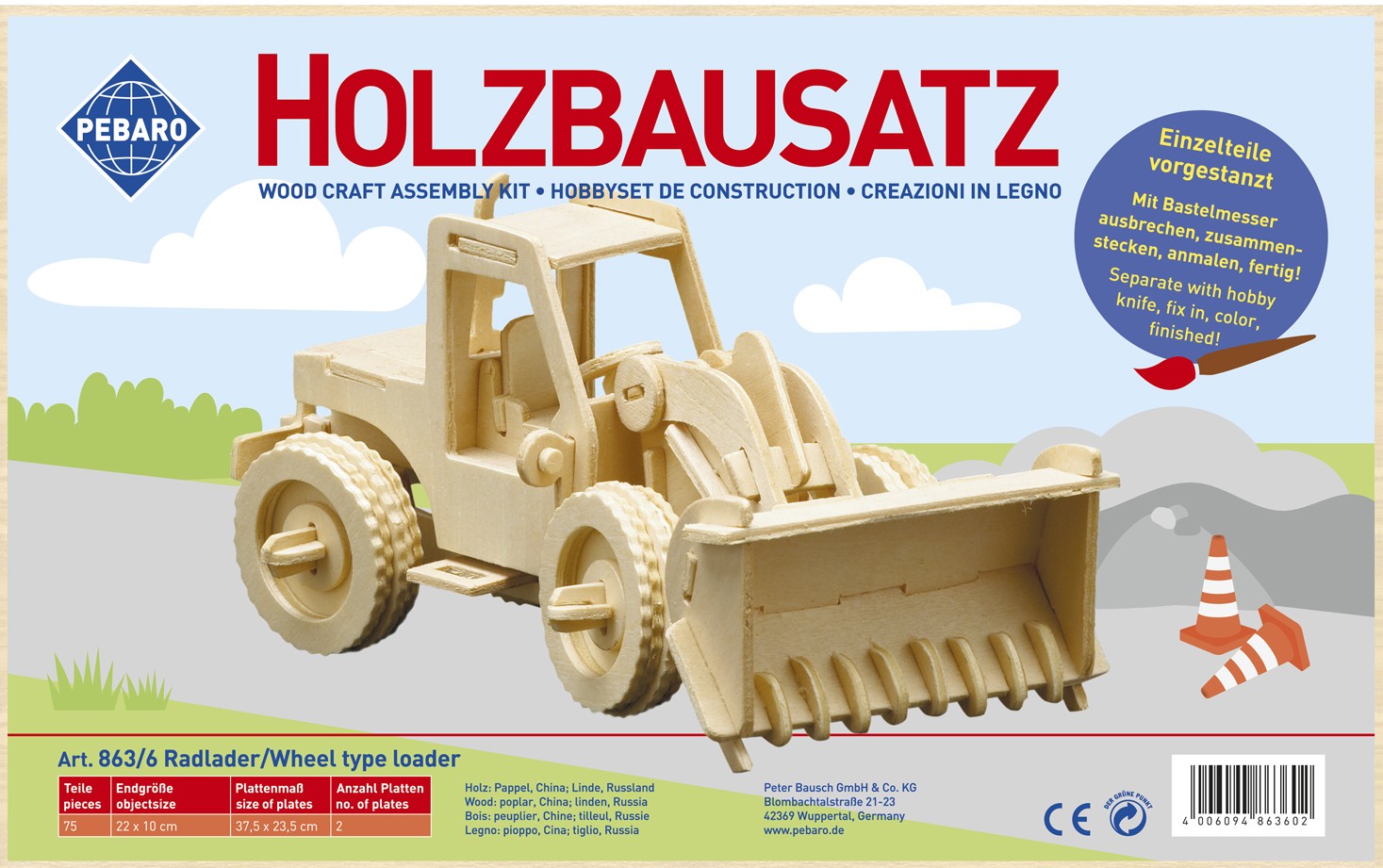PEBARO 863/6 - Holzbausatz Radlader 75 Teile Holzkonstruktion zum Zusammenstecken