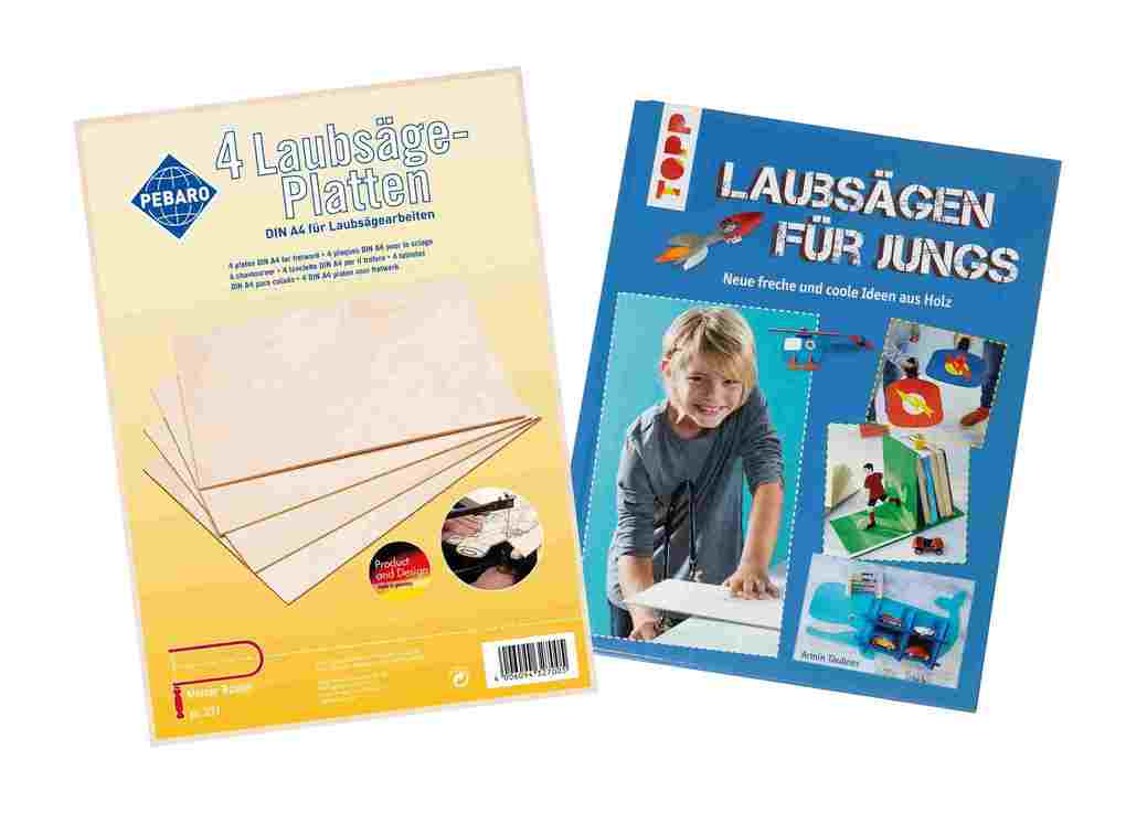 PEBARO 327/BUCH - 4 Laubsägeplatten aus Birkenholz mit Laubsägebuch Größe DIN A4