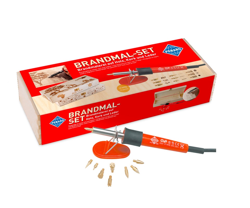 PEBARO 0266 - Brandmalset mit 9 Aufsätzen in Holzbox Brandmalerei