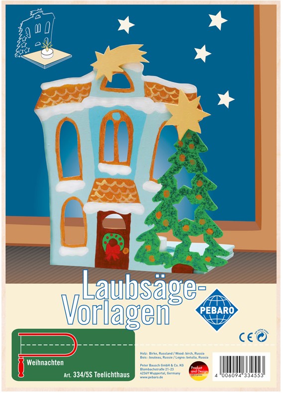 PEBARO 334/5S - Laubsägevorlage Teelichthaus Weihnachten 1 Platte Größe DIN A4.