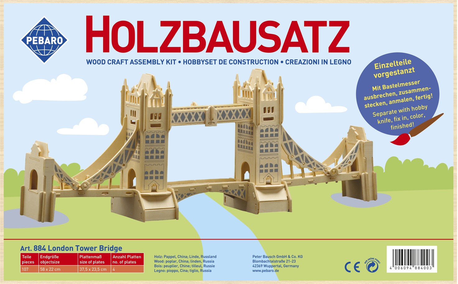 PEBARO 884 - Holzbausatz London Tower Bridge 107 Teile Holzkonstruktion zum Zusammenstecken