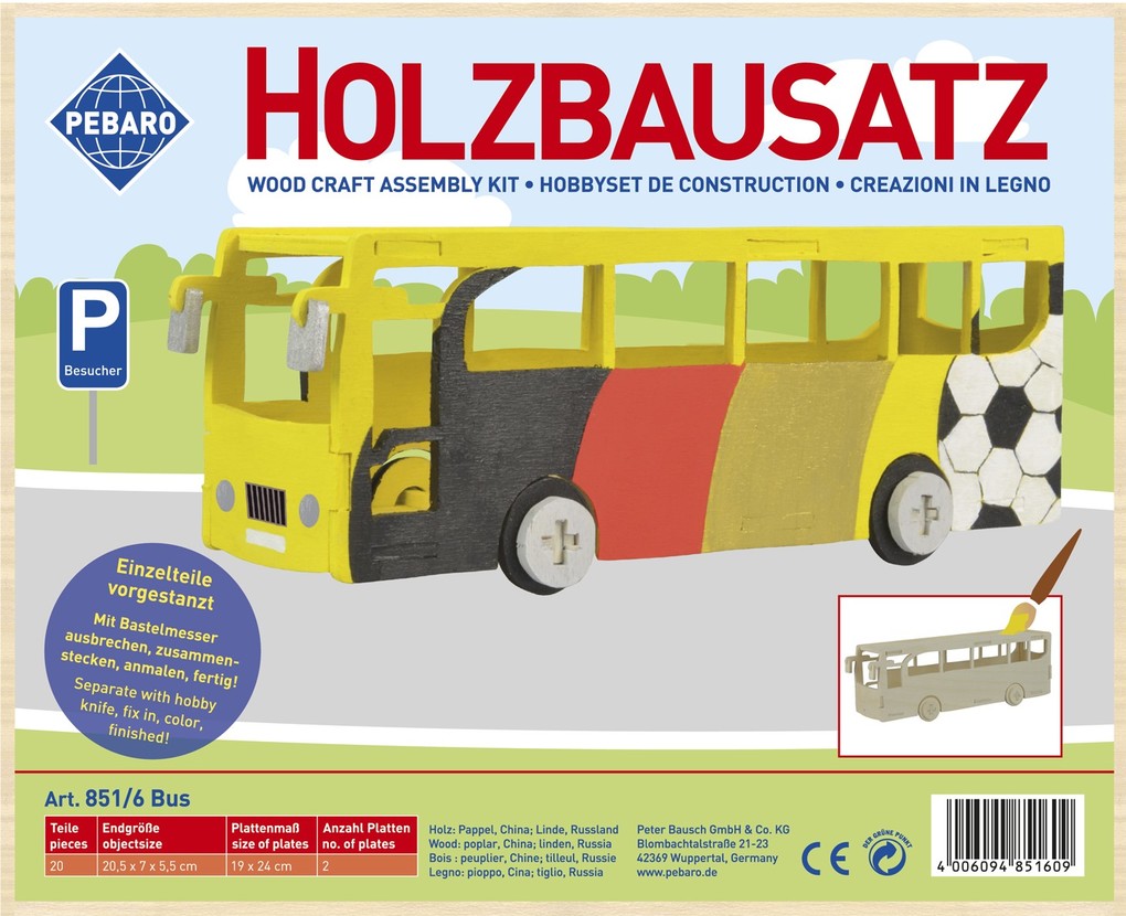 PEBARO 851/6 - Holzbausatz Bus 20 Teile Holzkonstruktion zum Zusammenstecken