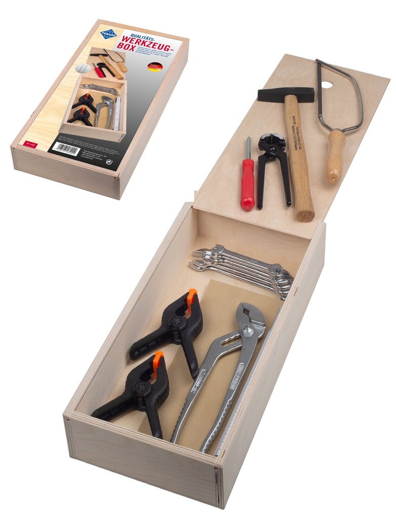 PEBARO 460 - Qualitäts-Werkzeugbox 16 Teile Holz-Werkzeugkasten mit Schiebedeckel