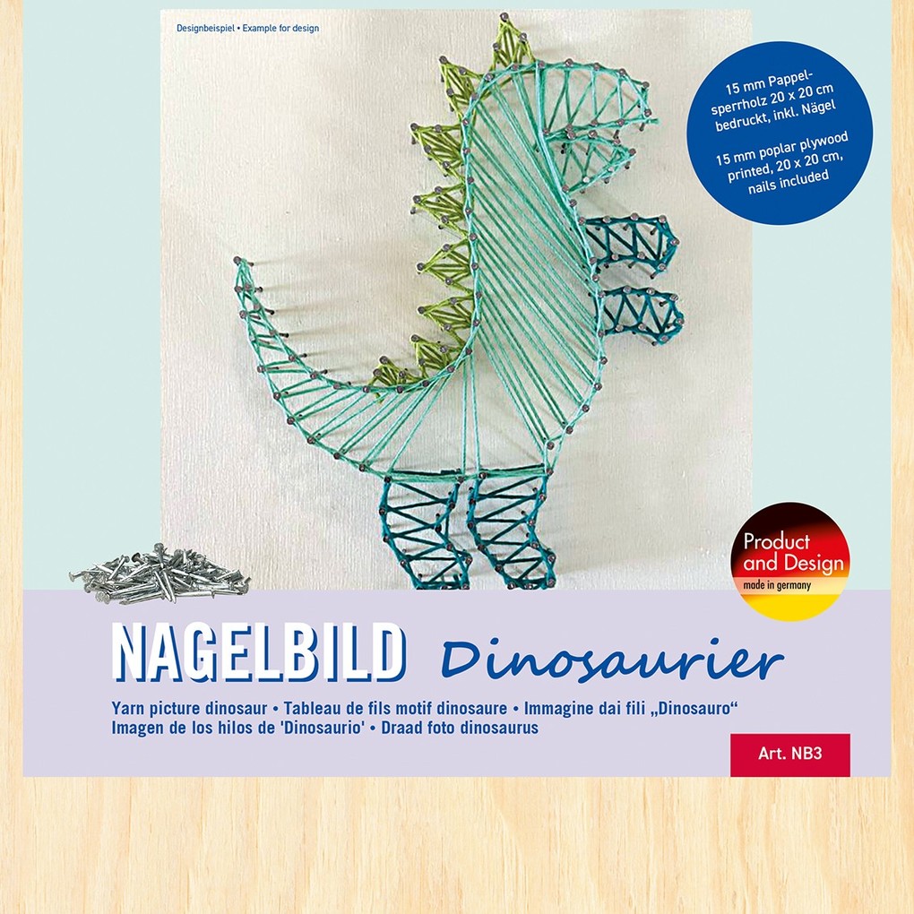 PEBARO NB3 - Nagelbild Dinosaurier Fadenbild 20x20cm String Art Bastelset inkl. Nägel