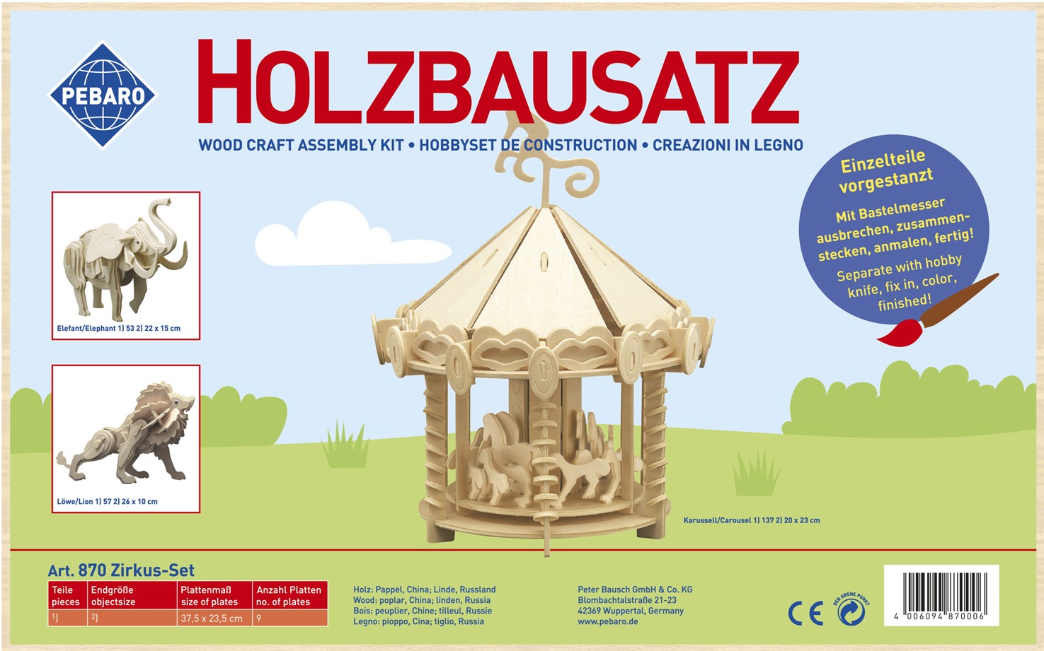 PEBARO 870 - Holzbausatz Zirkus-Set Löwe Karussell Elefant 3 Holzkonstruktionen zum Zusammenstecken