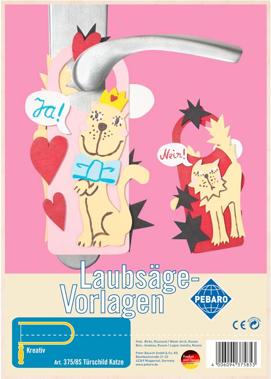 PEBARO 375/8S - Laubsägevorlage Türschild Katze 1 Platte Größe DIN A4