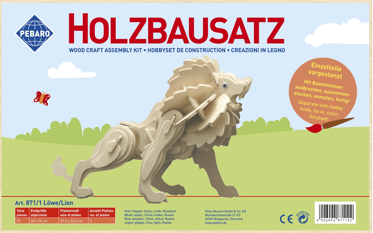 PEBARO 871/1 - Holzbausatz Löwe 57 Teile Holzkonstruktion zum Zusammenstecken