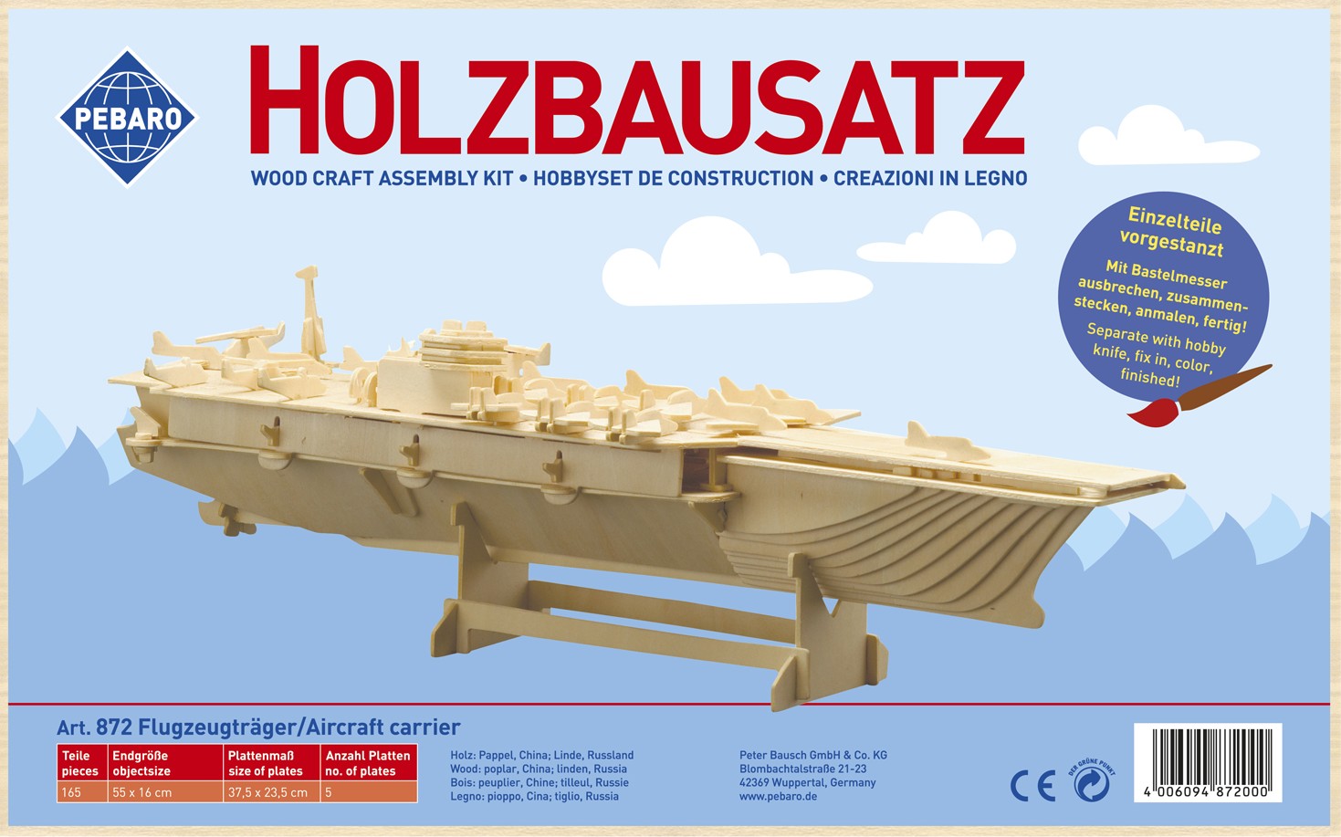 PEBARO 872 - Holzbausatz Flugzeugträger 165 Teile Holzkonstruktion zum Zusammenstecken