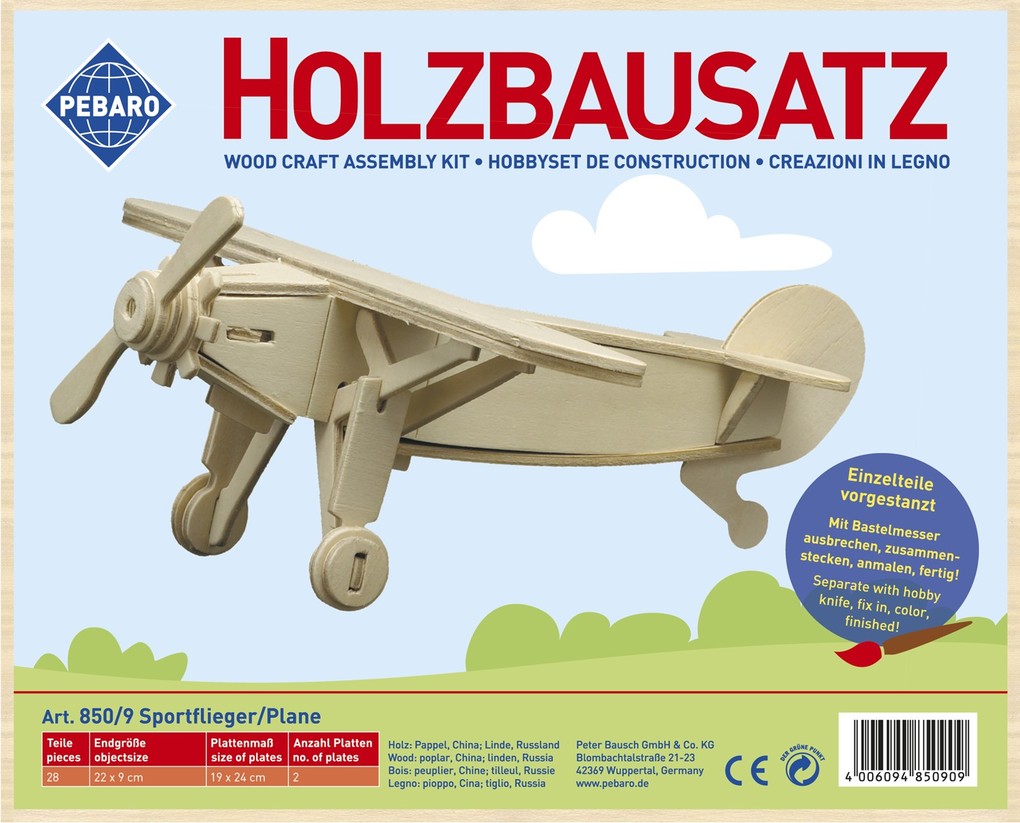 PEBARO 850/9 - Holzbausatz Sportflieger Flugzeug 28 Teile Holzkonstruktion zum Zusammenstecken