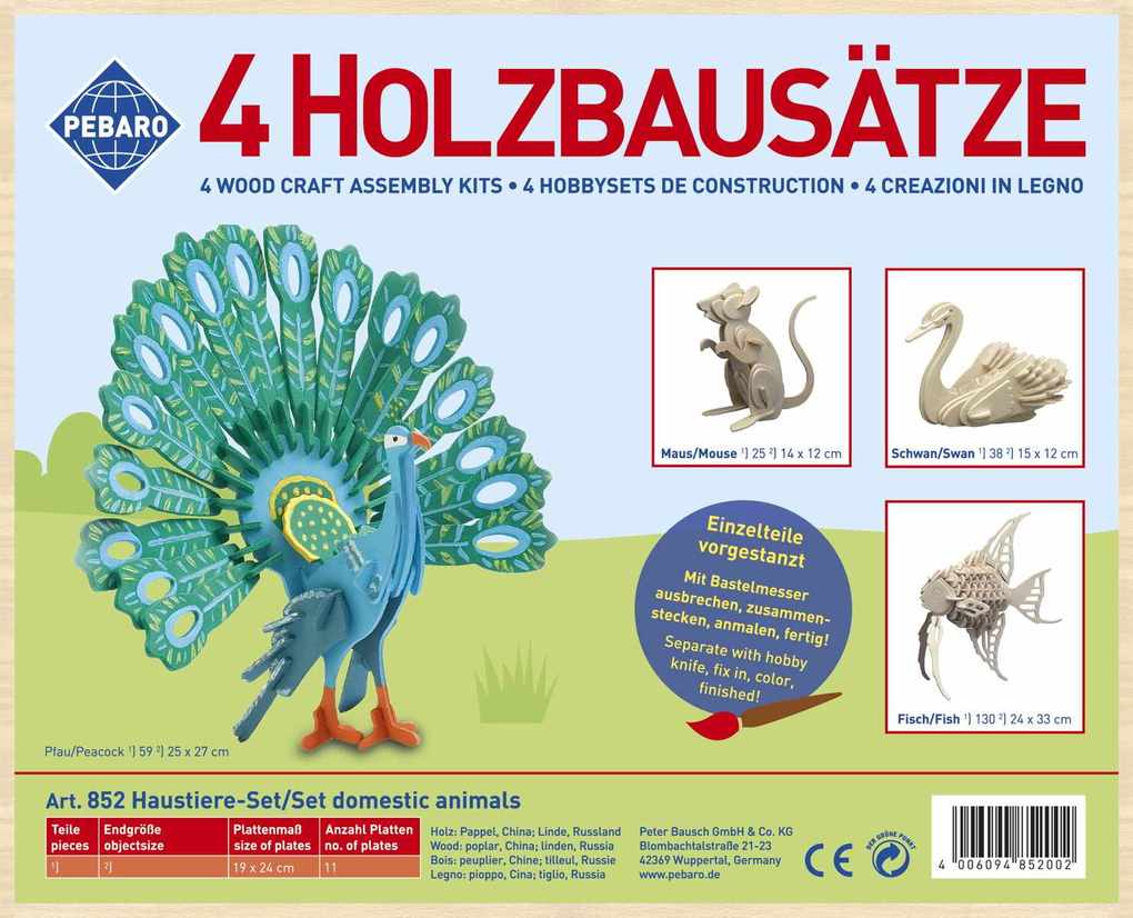 PEBARO 852 - Holzbausatz Haustier-Set Pfau Fisch Maus Schwan 4 Holzkonstruktionen zum Zusammenstecken