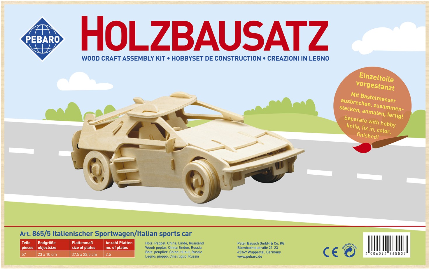 PEBARO 865/5 - Holzbausatz Italienischer Sportwagen 67 Teile Holzkonstruktion zum Zusammenstecken