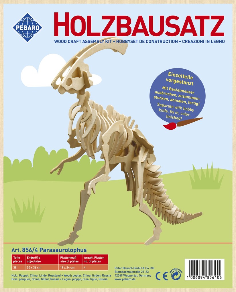 PEBARO 856/4 - Holzbausatz Dinosaurier Parasaurolophus 38 Teile Holzkonstruktion zum Zusammenstecken