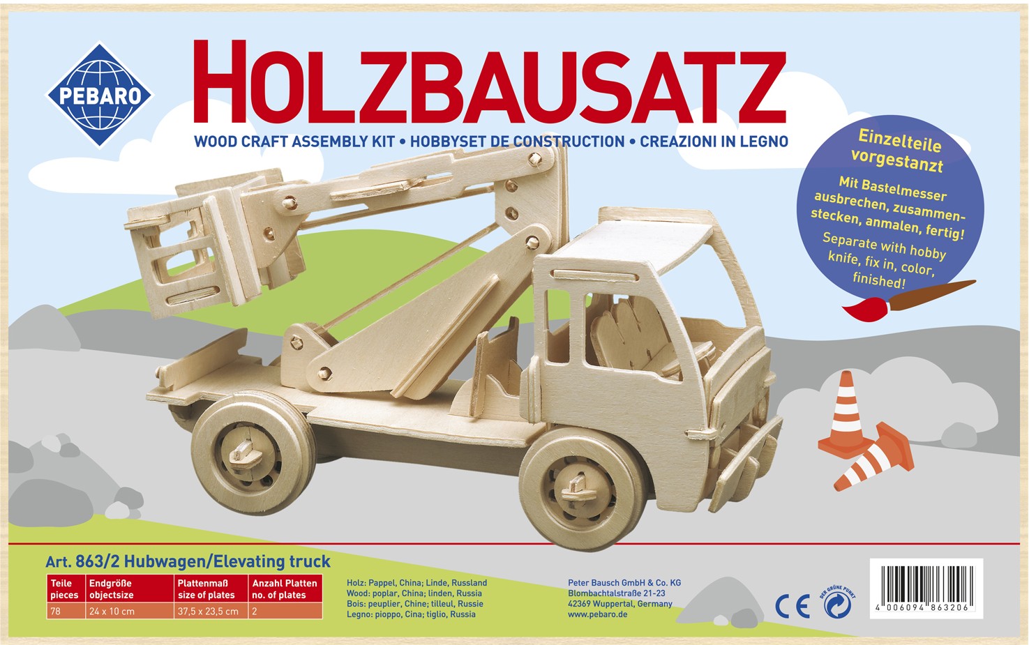 PEBARO 863/2 - Holzbausatz Hubwagen 78 Teile Holzkonstruktion zum Zusammenstecken