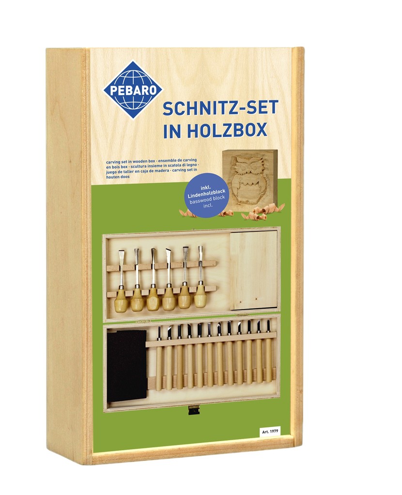 PEBARO 1979 - Schnitz-Set in Holzbox 20-teilig 36x18x6cm Schnitzwerkzeug